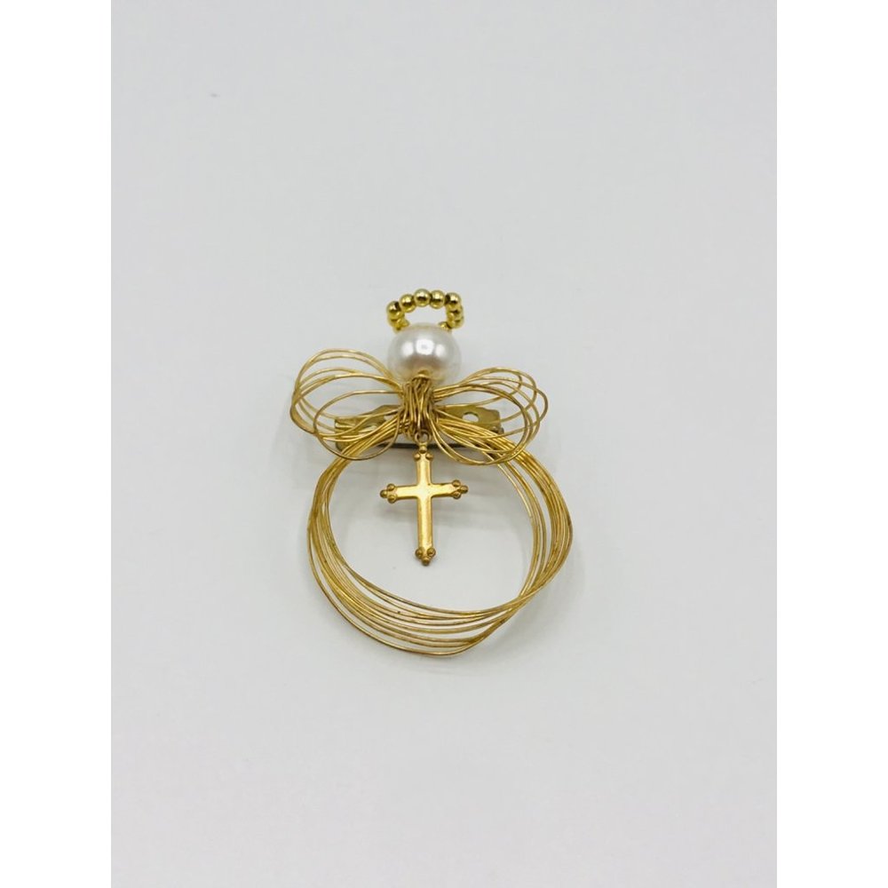 Artisan handcrafted wire Angel faux pearl Tibetan Cross dangle brooch.